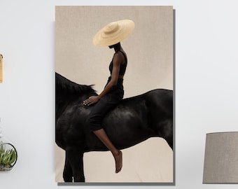 Black Woman Wall Art,Black Model Poster,Horse Riding Fine Art,Fashion illustration,Minimalist Woman Art,Boho  Dekor,Modern Art,Ready To Hang
