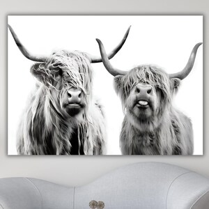Cow With Tongue Black White Print, Cow Canvas Wall Art Highland Farmhouse Decor Rustic Wall Decor Animals Painting Scottish Cow Wall Art Cow