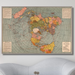 Flat Earth Map Print,Flat Earth Map Polar Azimuthal Equidistant Projection 1943 WWII Canvas Print Poster,Old Map Canvas Art,Ready To Hang