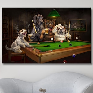 Dogs Playing Billiards Print, Funny Pet Portrait,Billiards Lover Gift,Pets Playing Pool, Dog Lover Gift,Dogs Playing Billiards,Ready To Hang
