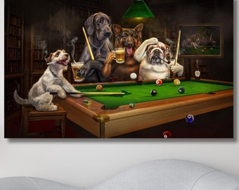 Dogs Playing Billiards Print, Funny Pet Portrait,Billiards Lover Gift,Pets Playing Pool, Dog Lover Gift,Dogs Playing Billiards,Ready To Hang