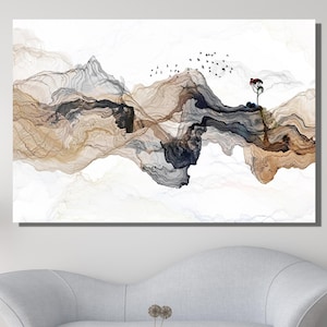 Japanese Landscape Painting of Abstract Mountain Canvas Poster Art, Abstract Mountain Wall Art ,Distant Mountains,Japan Print Art Wall Decor