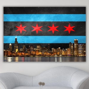 Chicago Canvas Art, Chicago Flag Skyline Canvas Wall Art,Landscape Painting, Chicago Poster, Sunset Decor,Extra Large Wall Art,Ready To Hang