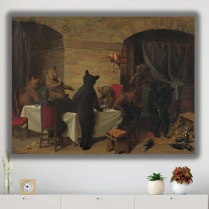 May include: A framed painting depicts a whimsical scene of anthropomorphic bears at a table. The bears, some in formal attire, are gathered around a table set with a white tablecloth. The artwork has a vintage aesthetic with warm, earthy tones.