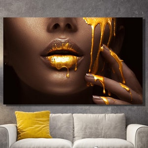 Black Woman Canvas Print Fashion African Woman Gold Lips Luxury Wall Decor African American Art African Wall Art Black Gold Large Canvas Art