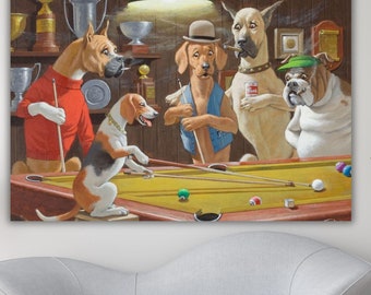 Dogs Playing Billiards Print, Funny Pet Portrait,Billiards Lover Gift,Pets Playing Pool, Dog Lover Gift,Dogs Playing Billiards,Ready To Hang