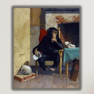 Puede incluir: Una pintura vintage representa un chimpancé sentado en una silla, sosteniendo un papel, con una calavera sobre una mesa. La escena está ambientada en una habitación con chimenea y una silla roja. La obra tiene un estilo clásico y académico.
