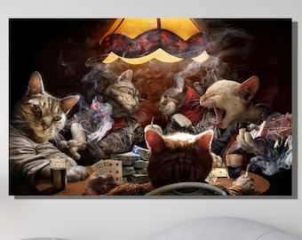 Cats With Playing Cards Canvas Wall Art, Cats Animal Art, Animal Artwork, Gift for Her, Custom Wall Hanging, Game Room Canvas, Ready To Hang