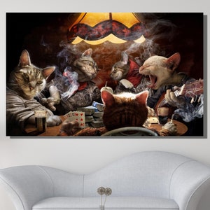 Lienzo decorativo para pared con gatos jugando a las cartas, arte de animales con gatos, obras de arte de animales, regalo para ella, tapiz personalizado, lienzo para sala de juegos, impresión en lienzo