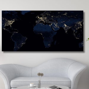 Impresión en lienzo de mapa del mundo, arte mural con luz nocturna, mapa del mundo, arte mural para aula, listo para colgar