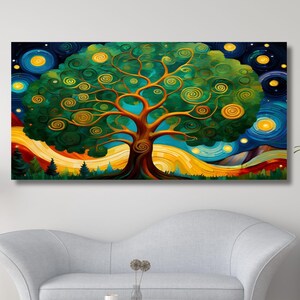 Pintura abstracta del árbol de la "Noche estrellada" de Van Gogh, Yggdrasil, lienzo del árbol de la vida, estilo de carta del tarot místico, arte de lienzo mítico, listo para colgar