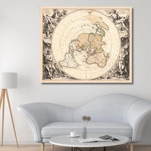 Platte aardekaart print, antieke planisphere terrestrische vintage platte aarde azimuthel equidistante print poster, oude kaart canvaskunst, klaar om op te hangen