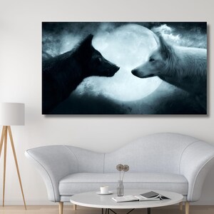 Black and White Wolves Canvas,Wolf Canvas, Wolf Home Decor,Wolf-Themed Wall Art,Wolf Canvas Art, Wolf Print, Full Moon Wall Ar,Ready To Hang