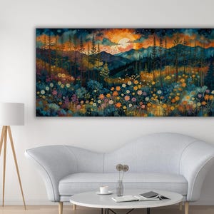 Gustav Klimt Wildflower Night Village Night Print Wall Art,Klimt Full Moon Stars Canvas,Modern Living Room Decor,Flowers Night,Ready To Hang