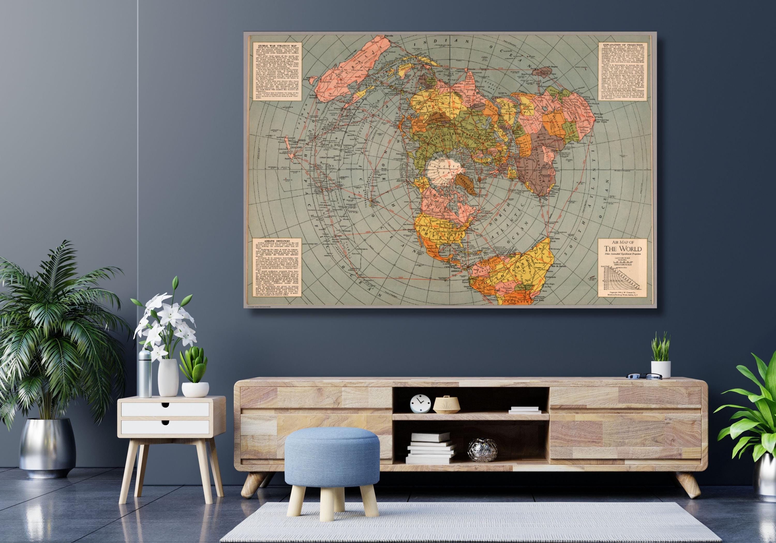 Stampa Su Tela Artery8 - Mappa Del Mondo Proiezione Polare Di Matthews-Northrup (1943) - Quadro Wall Art 61x81 Cm, Moderno E Vintage