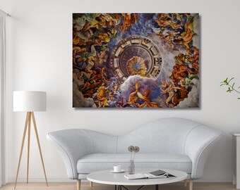 Reproducción de una pintura de Giulio Romano, Vista del Olimpo, Decoración de pared para el hogar de los dioses, Obra de arte famosa, Impresión de pintura al óleo, Lista para colgar