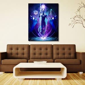 May include: A rectangular wall art print featuring a central glowing humanoid figure surrounded by blue and purple cosmic energy, DNA helix strands, a geometric icosahedron, and a key symbol against a dark, starry, deep space background.