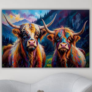 Cow Canvas Wall Art, Highland Cow Painting, Cow Print, Highland Farmhouse Decor,Rustic Wall Decor Animals Painting Scottish Cow Wall Art Cow