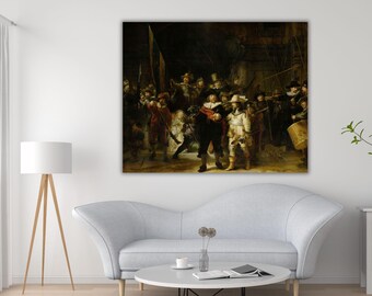 May include: A large rectangular wall art print featuring Rembrandt's The Night Watch, a dark-toned oil painting depicting a group of armed figures in historical attire, including a central captain in black and a lieutenant in yellow.