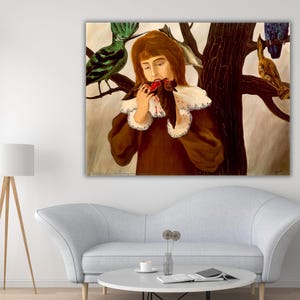 Rene Magritte Jovem Garota Comendo um Pássaro Pintura em Tela, Arte de Parede Magritte, Arte de Parede de Reprodução Impressa, Decoração de Arte de Parede Moderna, Pronta para Pendurar