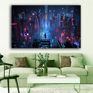 Cyberpunk City Neo Futuristic Canvas Poster,  Canvas Print,Cyberpunk City Wall Art, Room Decor Art,Home Decor,Game Room Poster,Ready to Hang
