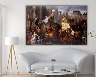 May include: A large rectangular wall art print featuring a detailed historical oil painting. The scene depicts a crowded ancient procession with figures in classical attire, horses, and an elephant, set against a backdrop of stone architecture.