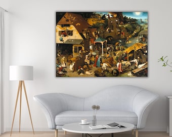 May include: A rectangular wall art print featuring a detailed oil painting of a busy village scene with numerous figures engaged in various daily activities, including cooking, working, and socializing, set against a landscape with buildings.