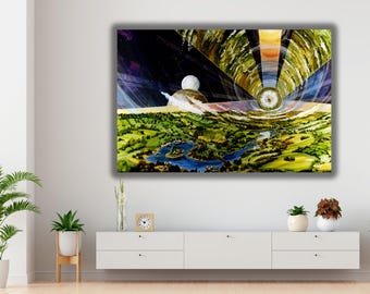 May include: A rectangular wall art print depicting a futuristic space colony inside a rotating cylinder. The landscape features green rolling hills, a blue river, and a lake, while the sky shows a dark void with two planets.