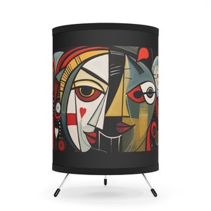 Picasso Inspired Tripod Lamp. Romantic, Cubist Style portrait design, Printed on a Black Shade. US plug.1 size. Read the Item Description.