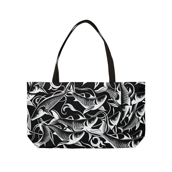 M.C. Escher Inspired, Weekender Size, Tote Bag. Black and White, stylized Fish design. 24 x 13 size only. Please read the ITEM DESCRIPTION.