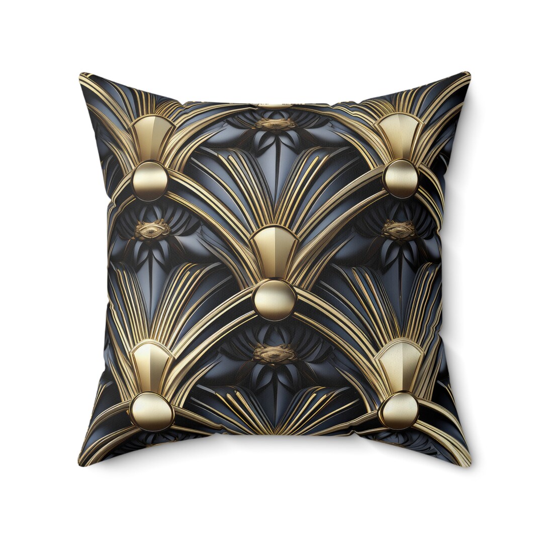 Art Deco Throw Pillow. Gold Grey and Black Square Pillow. Etsy