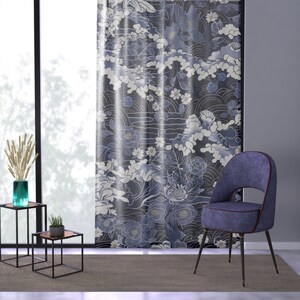 Japanese Kimono style Curtain. Blue and white, stylized Kimono Print on Sheer Drapes. 50"x 84" in. Please read the ITEM DESCRIPTION.