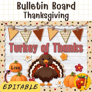 Thanksgiving Bulletin Board Kit | Editable Classroom Decor | Fall Turkey Theme | Printable Digital Download | 8.5x11 PNG PDF