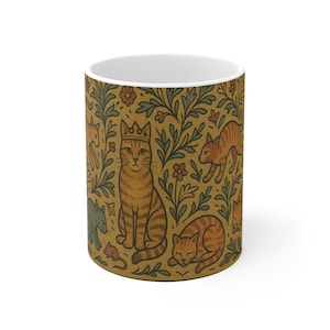 Medieval Cats Mug, Tapestry Style Cat Art Wraparound, Funny Fantasy Coffee Cup, Vintage Folk Cat Lover Gift