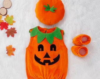 cute 3 pcs baby halloween costume | halloween | spooky | pumpkin | cosplay | o-3 years | tops | hat | shoes | clothes | pumpkin suit