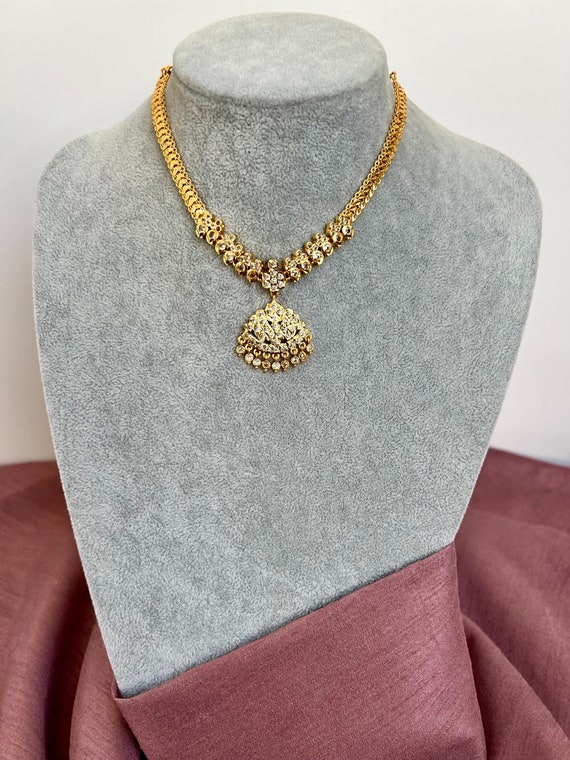 DIVYA - Traditional Short Golden White Stoned Attigai Necklace