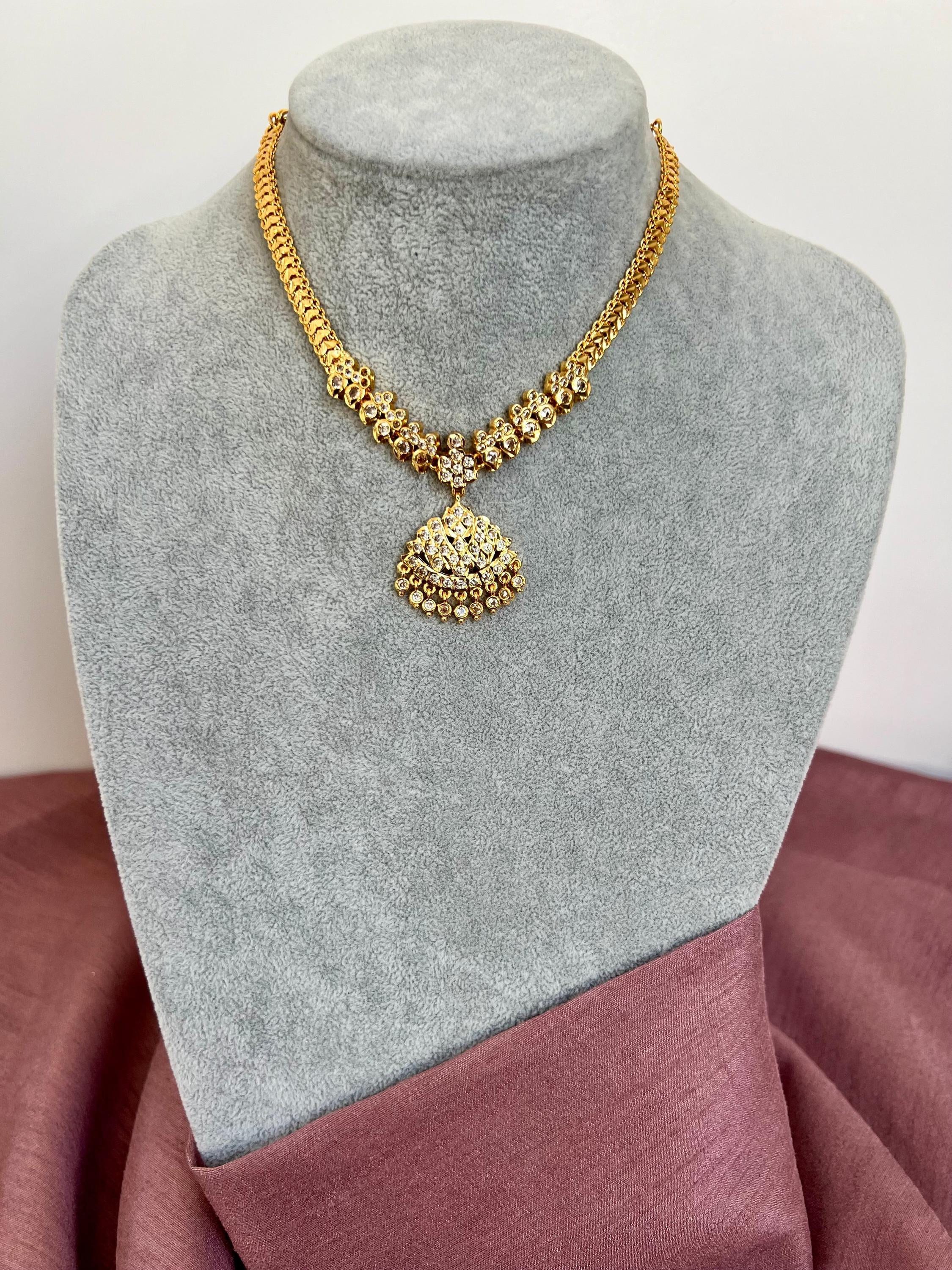 DIVYA - Traditional Short Golden White Stoned Attigai Necklace