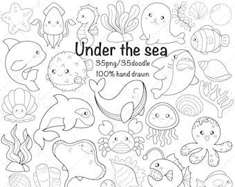 Clipart de animales marinos: Garabatos bajo el mar (Descarga PNG)