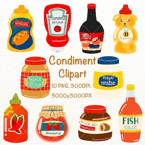 May include: A set of 10 colorful cartoon illustrations of various condiments, including mustard, ketchup, sushi sauce, honey, peanut butter, mayonnaise, hot sauce, strawberry jam, chocolate hazelnut spread, and fish sauce. The illustrations are in a cartoon style and are perfect for use in digital or printed projects.
