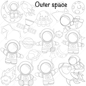 20 Weltraum Clipart, Weltraum Doodle, Astronaut Clipart, Planet, UFO, Raumschiff, Rakete, PNG Download, druckbare digitale Clipart Set, Kinder