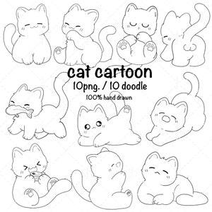 Cat Cartoon, animal hand drawn, character cartoon, cute cat, doodle, Digital doodles clip art, png, line art, coloring, kitten, card, pet