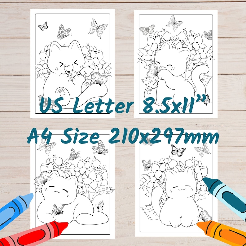 May include: Four printable coloring pages featuring a cute cartoon cat surrounded by hydrangeas and butterflies. The pages are sized for US Letter (8.5x11 inches) and A4 (210x297 mm).