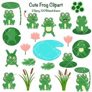 Puede incluir: Un conjunto de 23 ilustraciones de ranas de dibujos animados dibujadas a mano. Las ilustraciones incluyen ranas sentadas en nenúfares, nadando en un estanque y saltando. También hay ilustraciones de nenúfares, nenúfares, juncos y renacuajos.