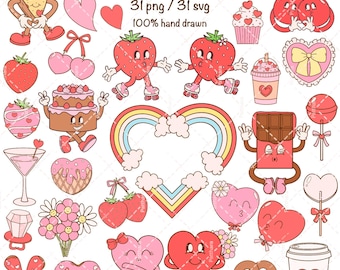 May include: A set of 31 groovy retro Valentine's Day clipart images. The images feature hearts, strawberries, cherries, pizza, cake, chocolate, rainbows, and more. All images are hand-drawn and come in both PNG and SVG formats.