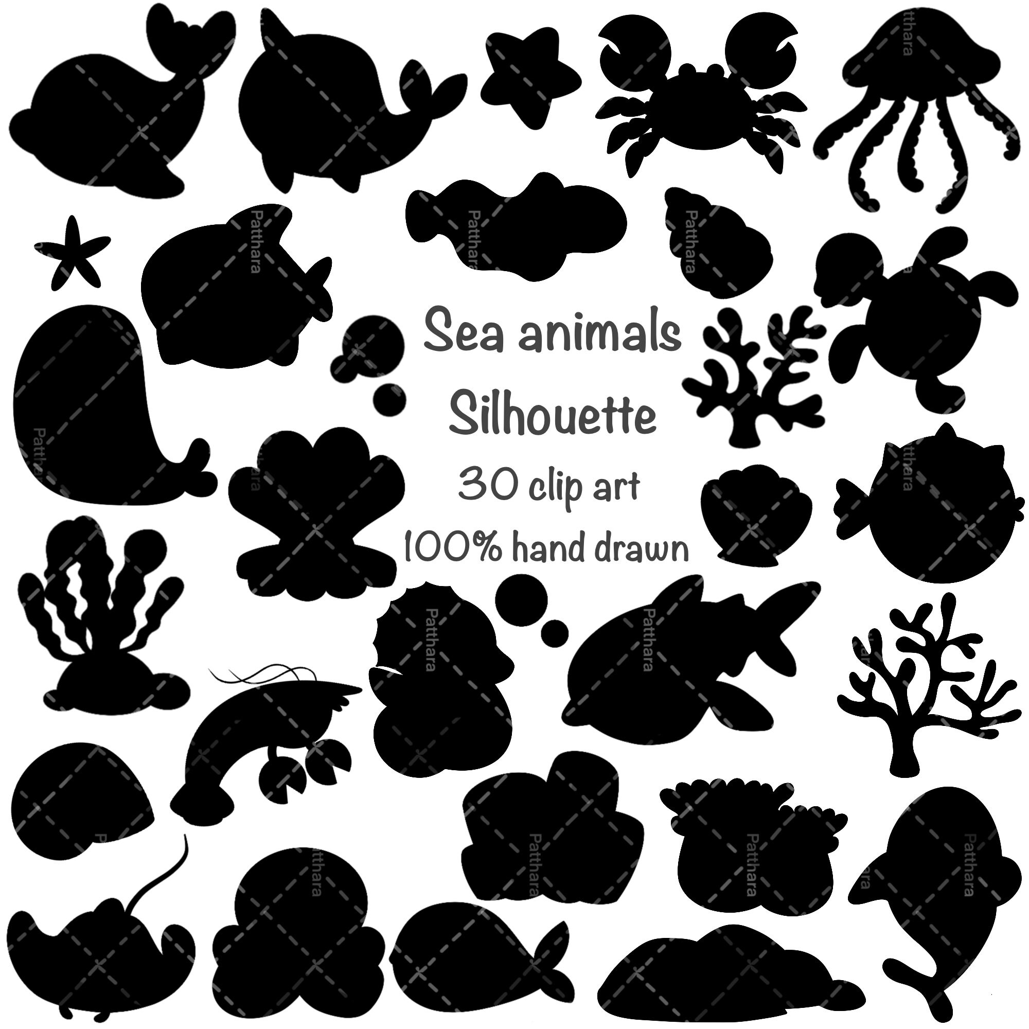 Sea Animals Silhouette, Sea Animals Clipart, Sea Life Clipart, Ocean ...