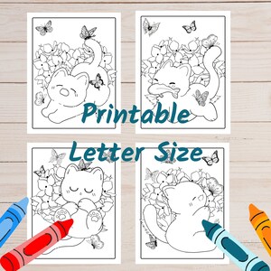 May include: Four black and white printable coloring pages featuring a cat surrounded by flowers and butterflies. The text "Printable Letter Size" is visible at the bottom of the image.