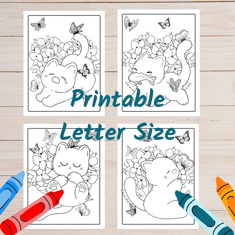 May include: Four black and white printable coloring pages featuring a cat surrounded by flowers and butterflies. The text "Printable Letter Size" is visible at the bottom of the image.