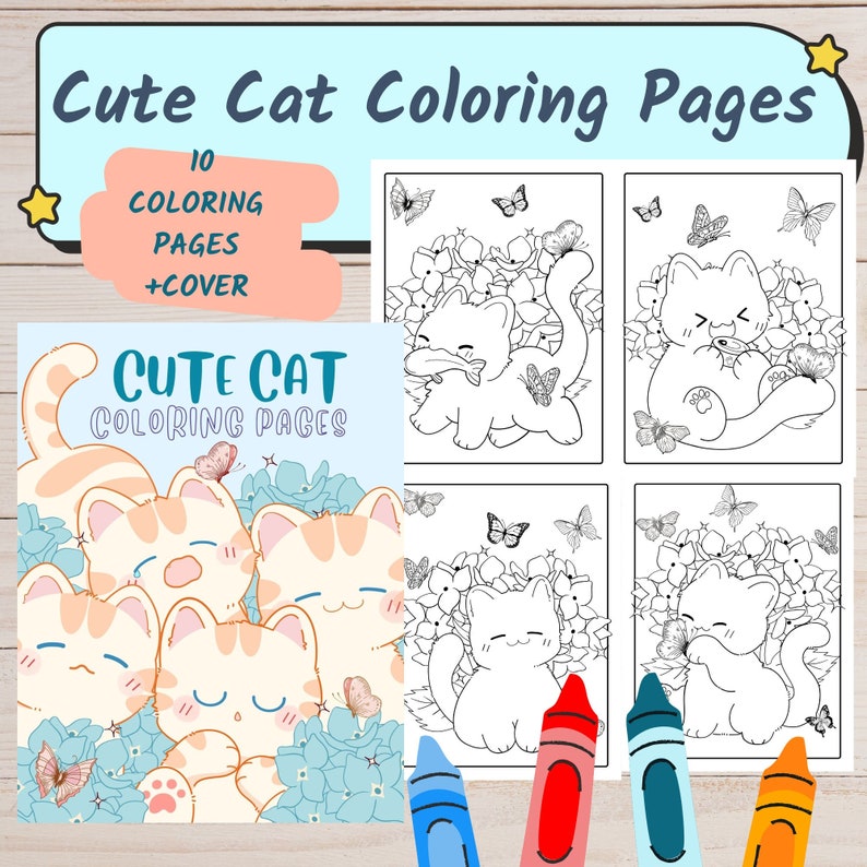 May include: A coloring book with a cover featuring three cute cats with closed eyes and a floral design. The title of the book is "Cute Cat Coloring Pages". The book includes 10 coloring pages and a cover.