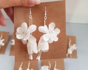 Designer Silk Cocoon Flower Statement Earrings Jewelry Organic Material Contemporary Dangle Long