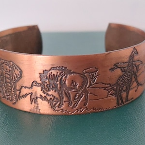 Vintage Mid-Century Copper African Animals Cuff Bracelet